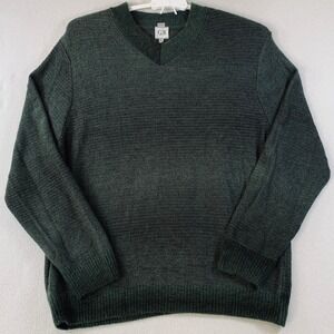 GB Geoffrey Beene Men XL Green Stripe Long Sleeve V Neck Knit Sweater Wool Blend